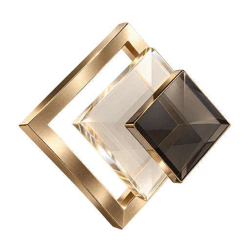 Ostrovskyi Studio brand artwork with gold, ivory, and smoky glass geometric layers