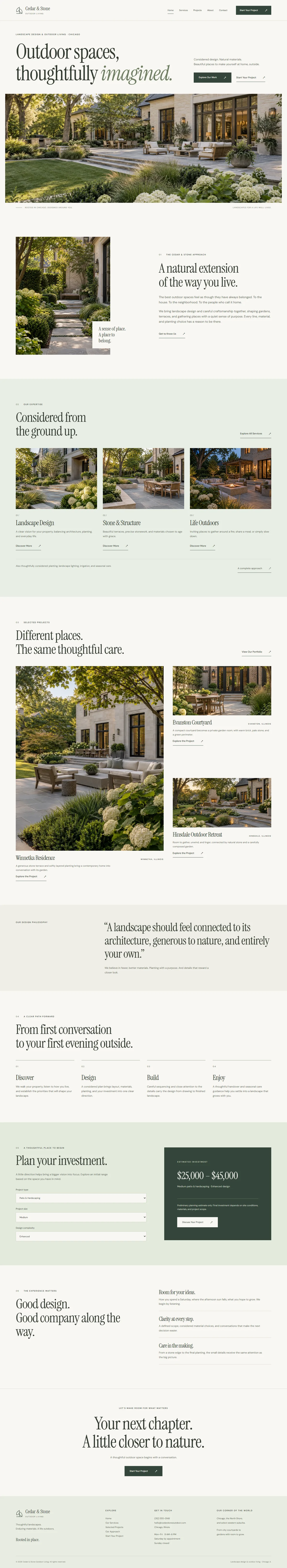 Extended homepage screenshot of Cedar & Stone Outdoor Living showing its content and visual design