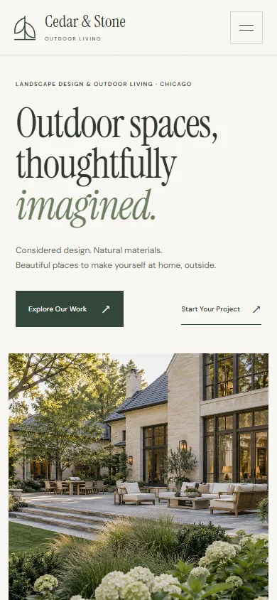 Authentic mobile homepage screenshot of Cedar & Stone Outdoor Living at 390 pixels wide