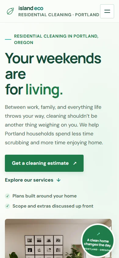 Authentic mobile homepage screenshot of Island Eco Cleaning at 390 pixels wide