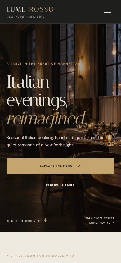 Authentic mobile homepage screenshot of Lume Rosso at 390 pixels wide