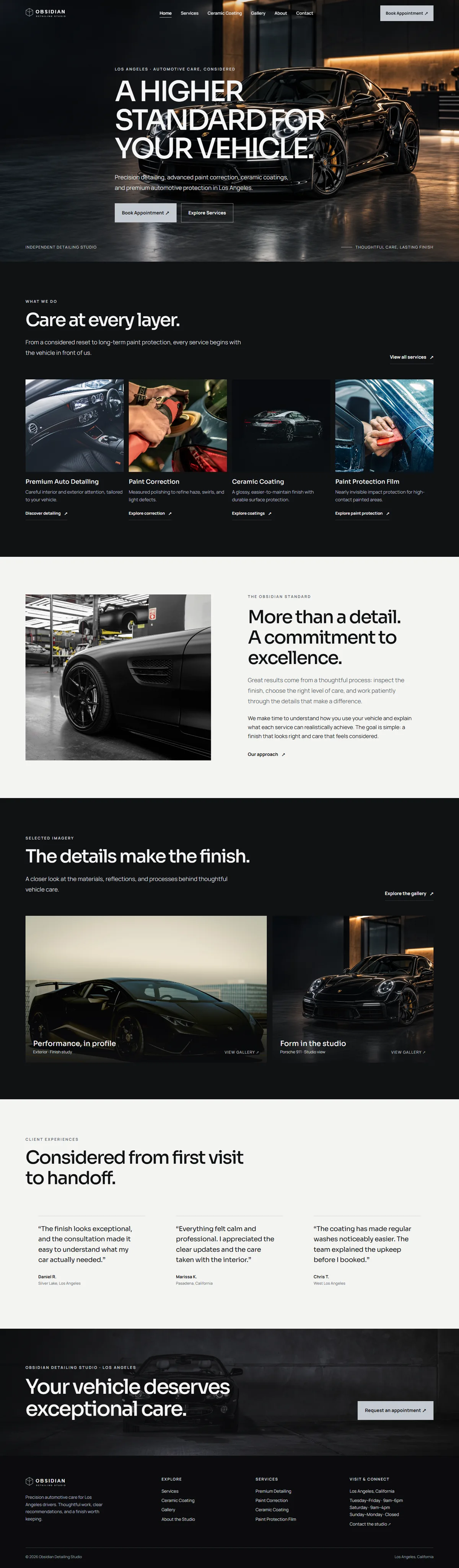 Extended homepage screenshot of Obsidian Detailing Studio showing its content and visual design