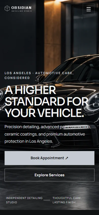 Authentic mobile homepage screenshot of Obsidian Detailing Studio at 390 pixels wide